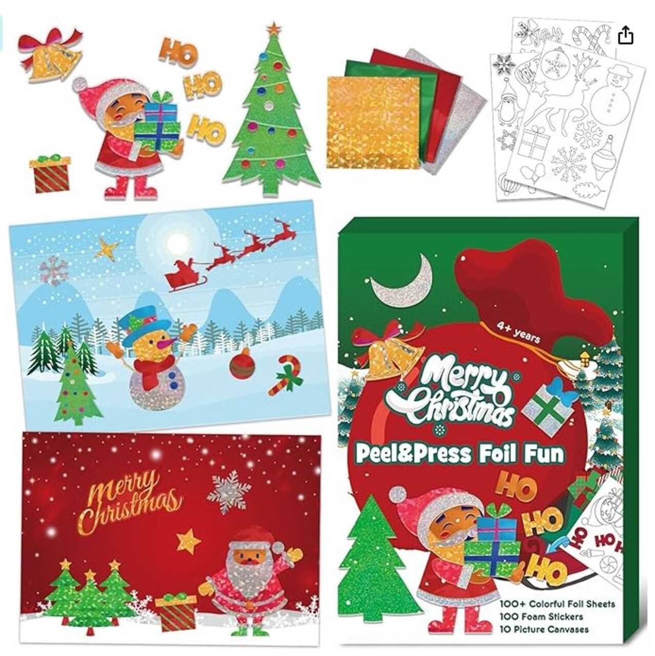 Christmas Craft for Children,Christmas Foil Fun Art Kit for Children Ages 4 to 8,Christmas No Mess DIY Artistic Activity